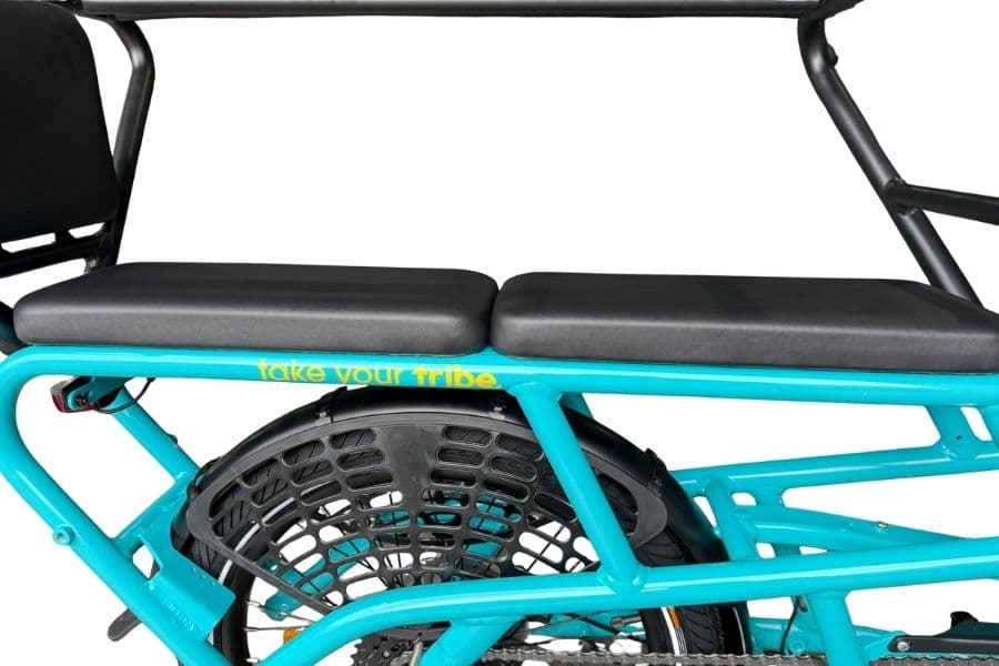 Seat cushions fitted to the rear rack of a Tribe Evamos Longtail
