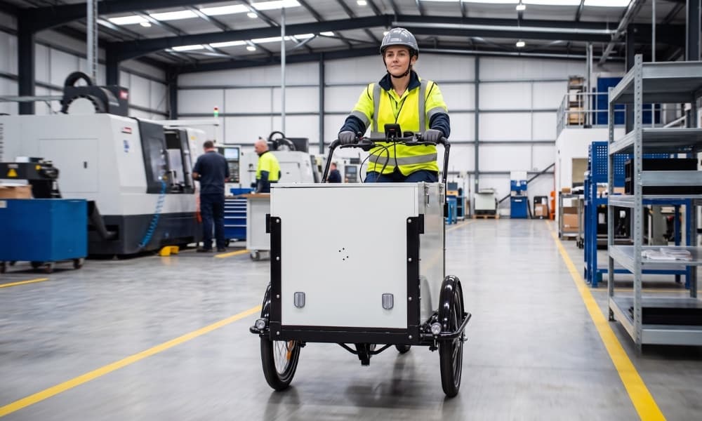 A Triberoo cargo trike ridden across a factory floor past machining bays