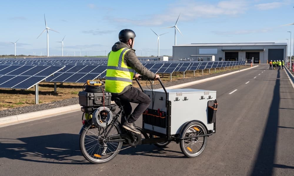 A Triberoo carrying tools and cable on a service road beside a solar farm and wind turbines