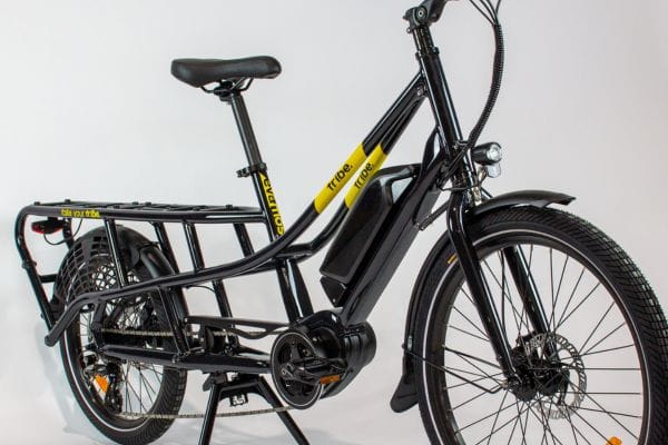 The Tribe Evamos Longtail frame showing its 24-inch front and 20-inch rear wheels