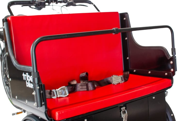 The double seat and lap seatbelts of a Ricky Rickshaw