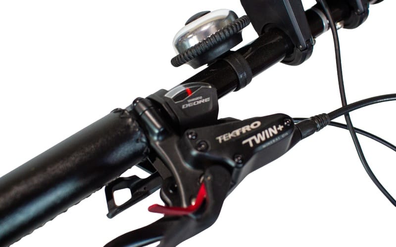 The Tektro brake lever on a Ricky Rickshaw, with the red park-brake paddle and Shimano Deore shifter