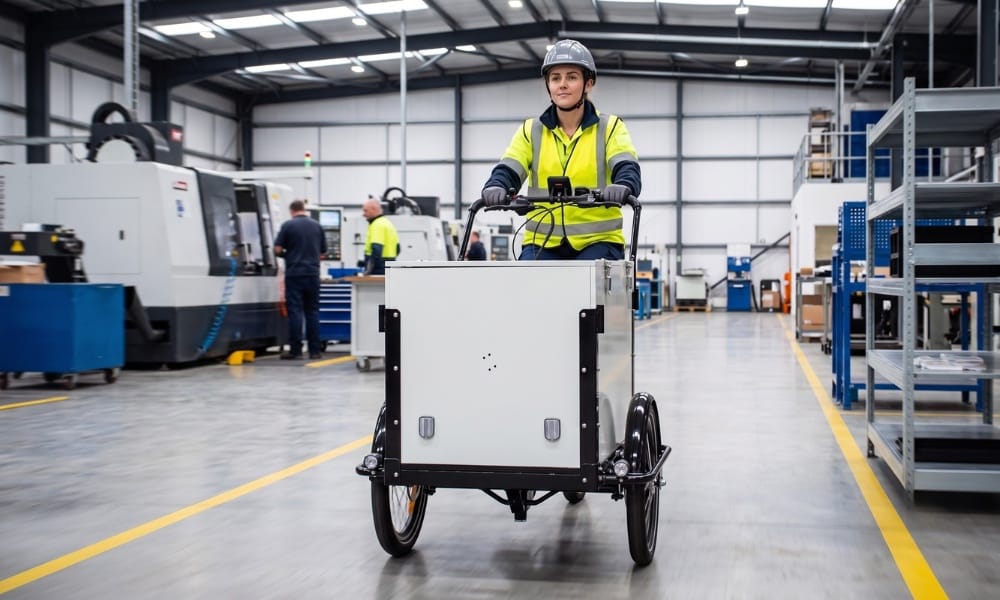 A Triberoo cargo trike ridden across a factory floor past machining bays
