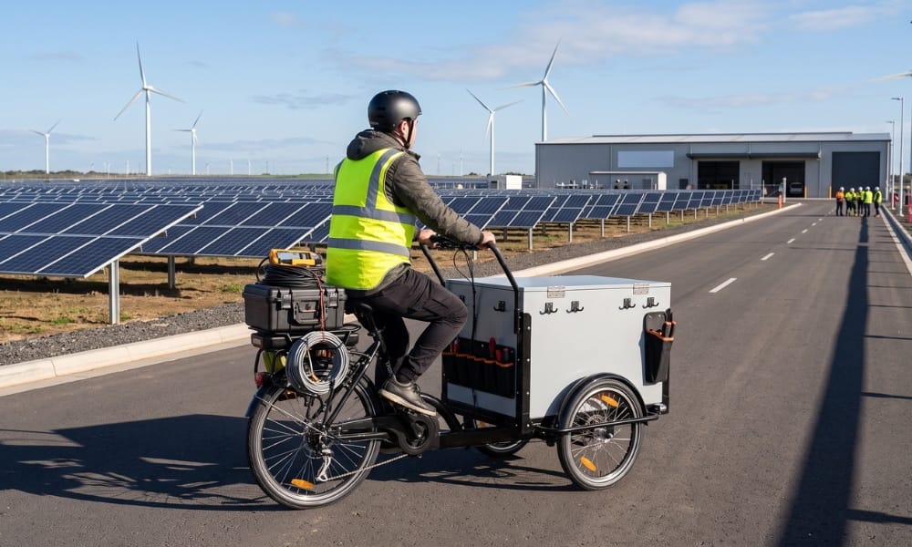 A Triberoo carrying tools and cable on a service road beside a solar farm and wind turbines