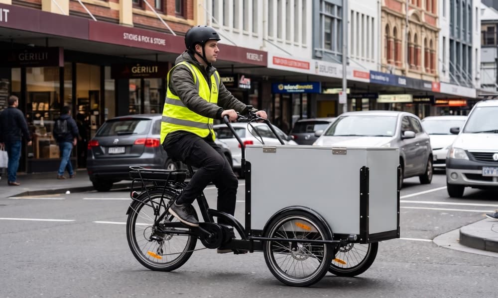 A Triberoo cargo trike ridden through city traffic past a row of shopfronts