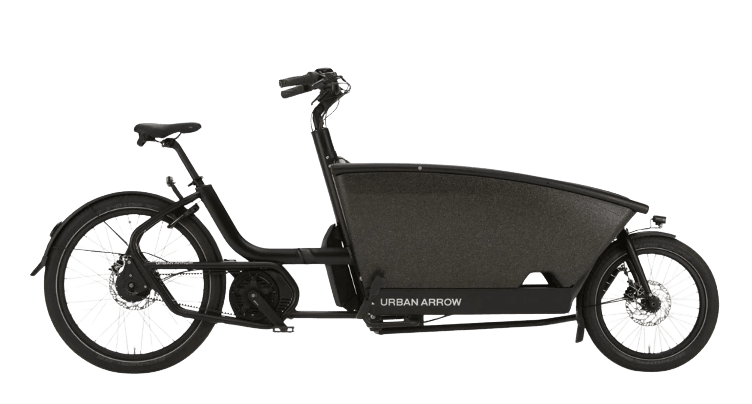 An Urban Arrow two-wheel front loader cargo bike, side on