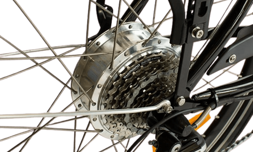 A rear hub motor laced into a bicycle wheel, with the cassette and spokes around it